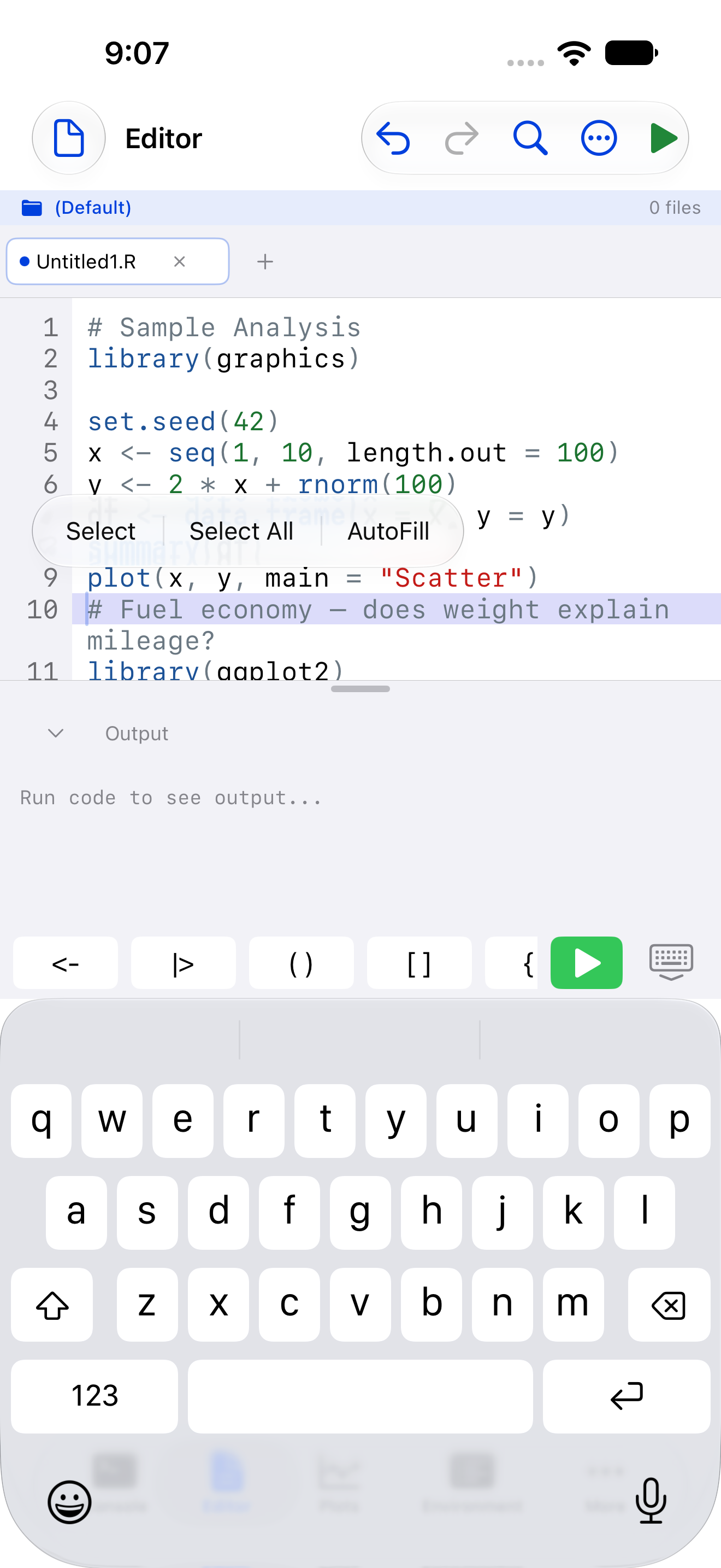 The R keyboard toolbar above the editor on iPhone