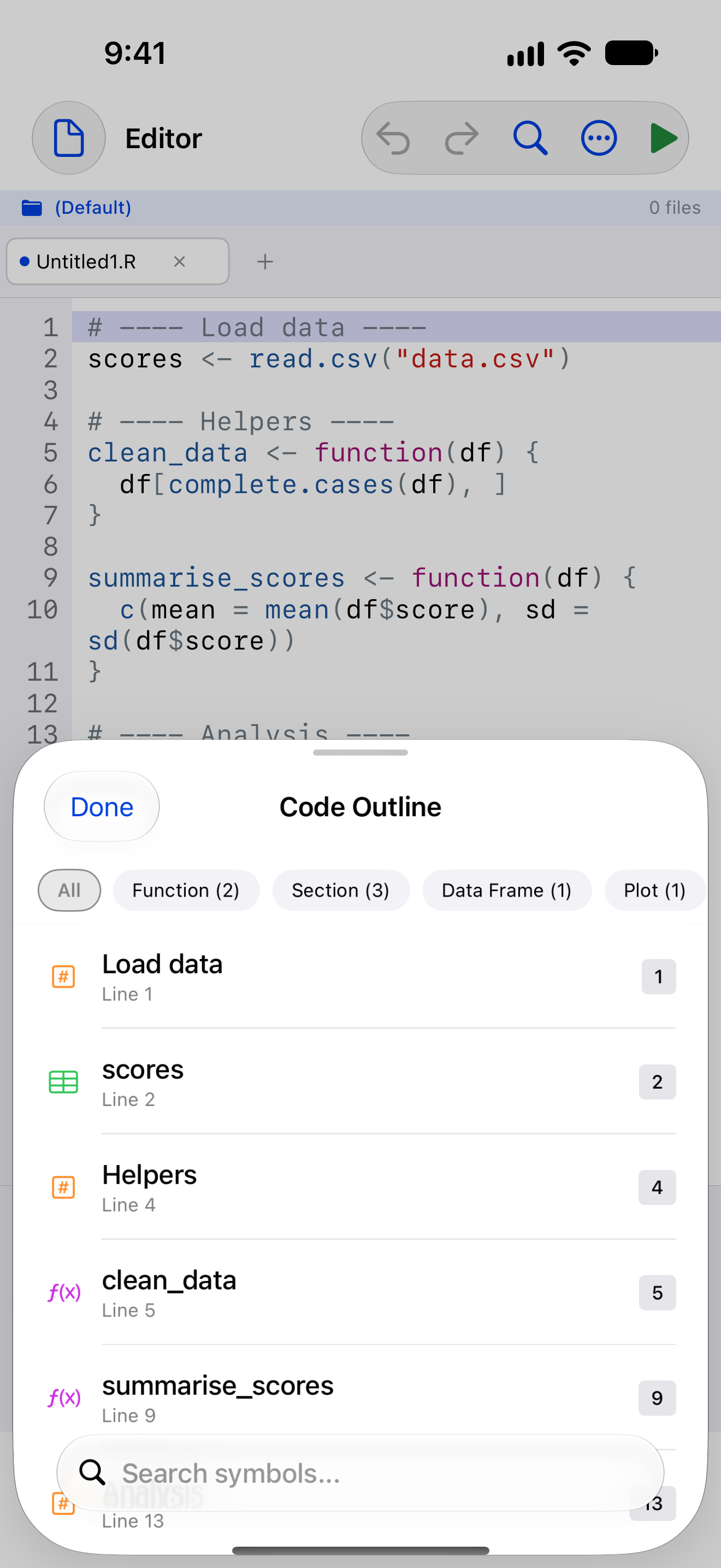 Code outline listing functions on iPhone