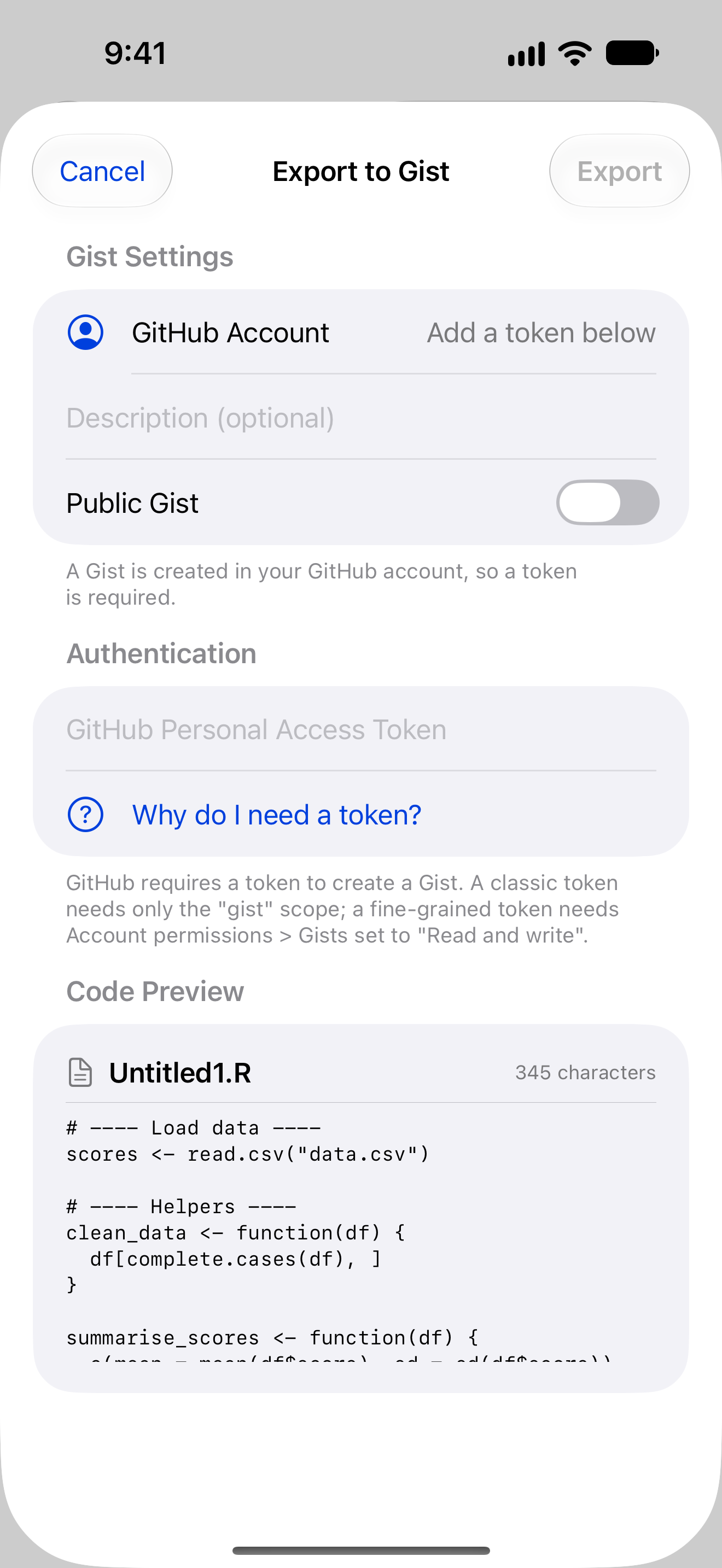 Gist export sheet on iPhone