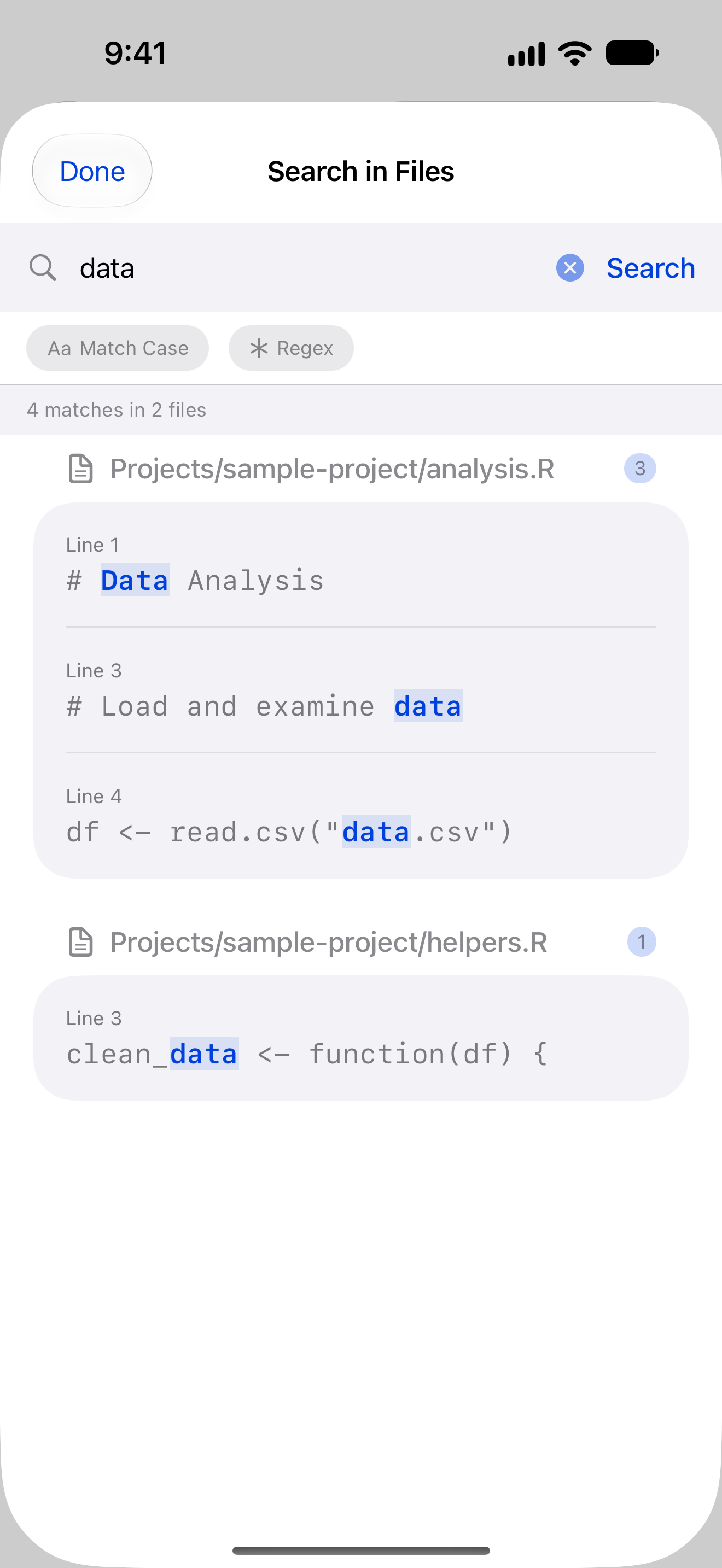 Search across files results on iPhone