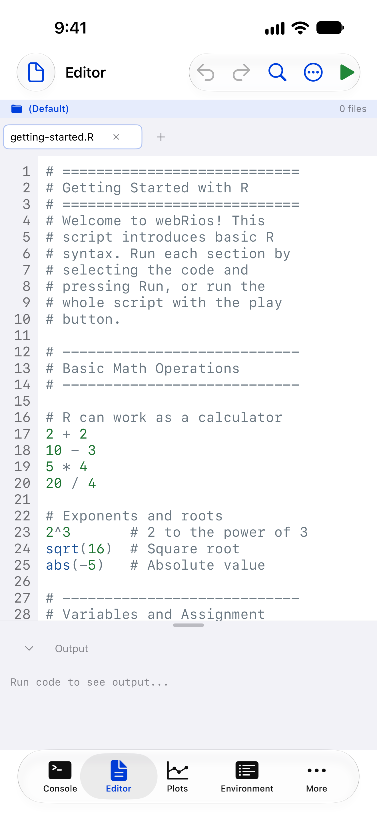 The Getting Started example open in the Editor on iPhone, in a tab named getting-started.R
