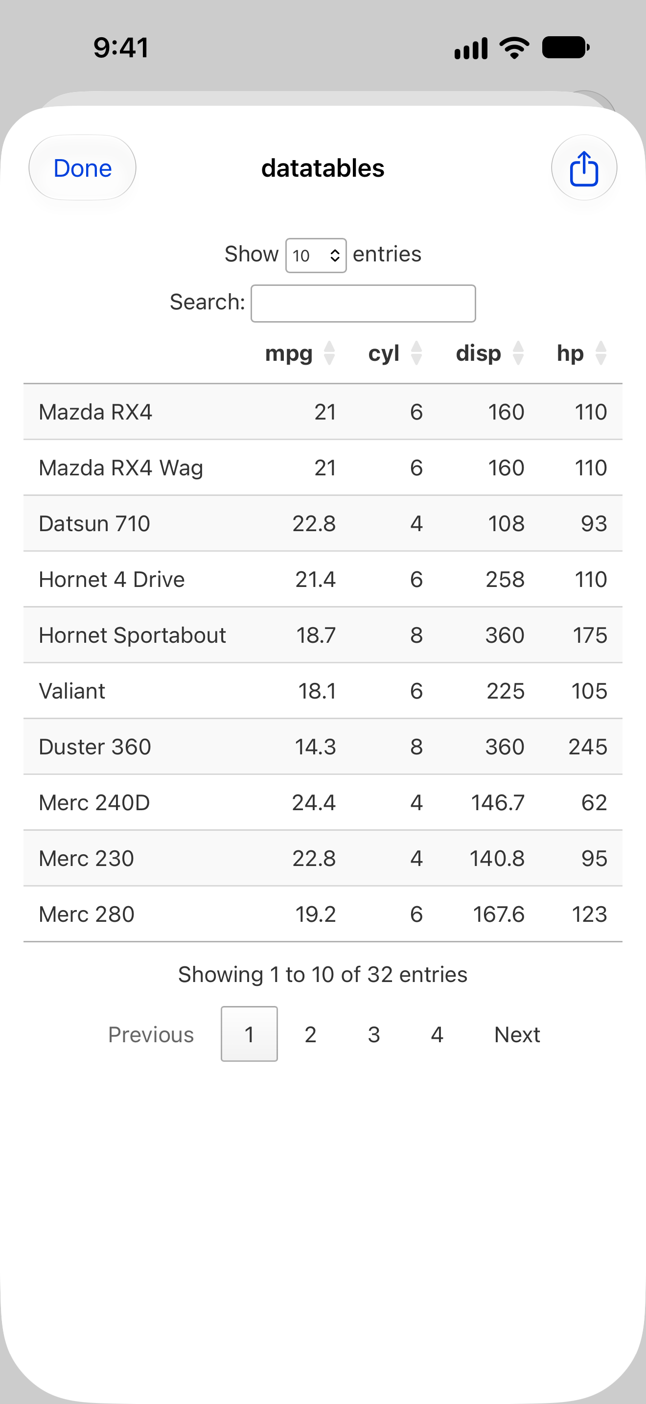 A DT table of mtcars on iPhone, on a white page with a margin, with its search field, sortable column headings and page buttons