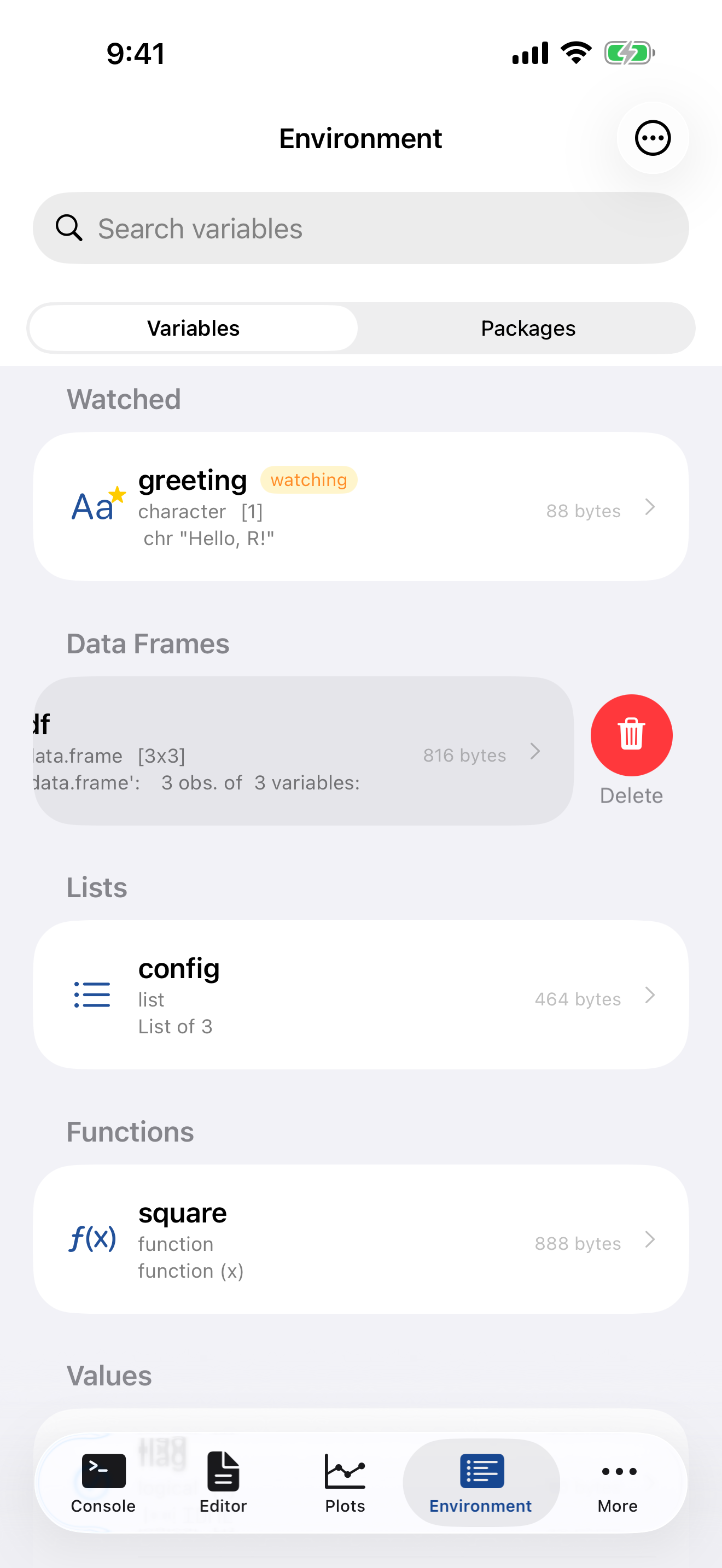 Environment tab on iPhone with swipe-left revealing red Delete button