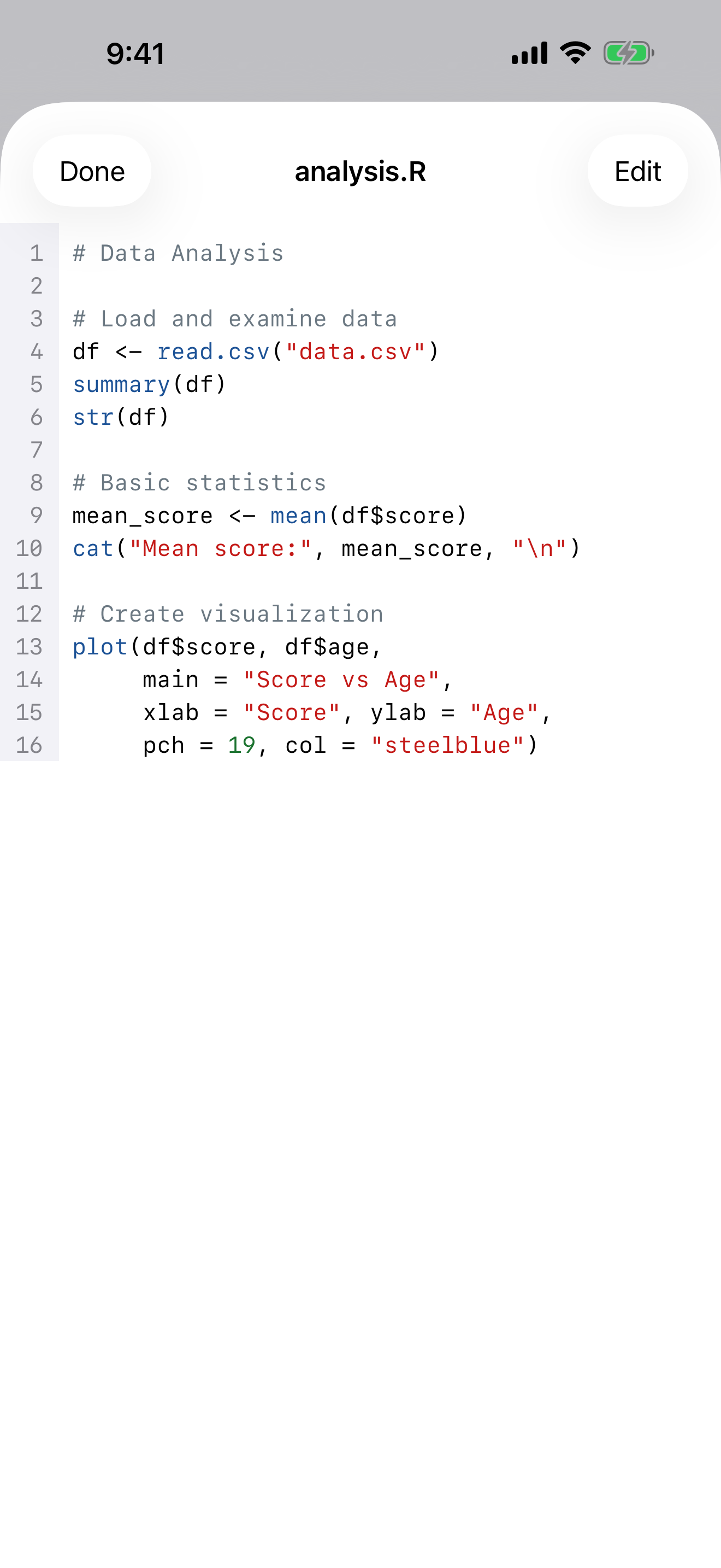 R script viewer with syntax highlighting on iPhone