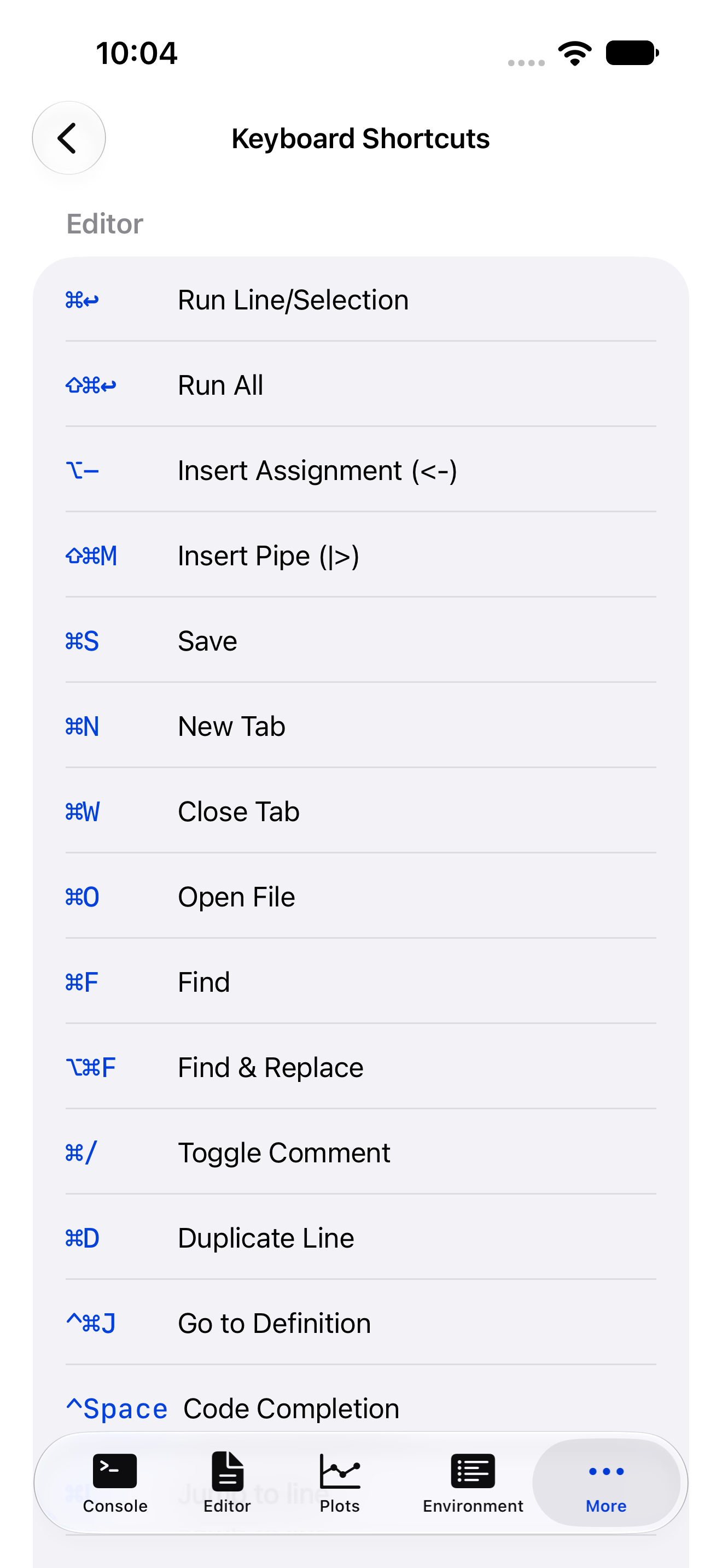The keyboard shortcuts reference card on iPhone