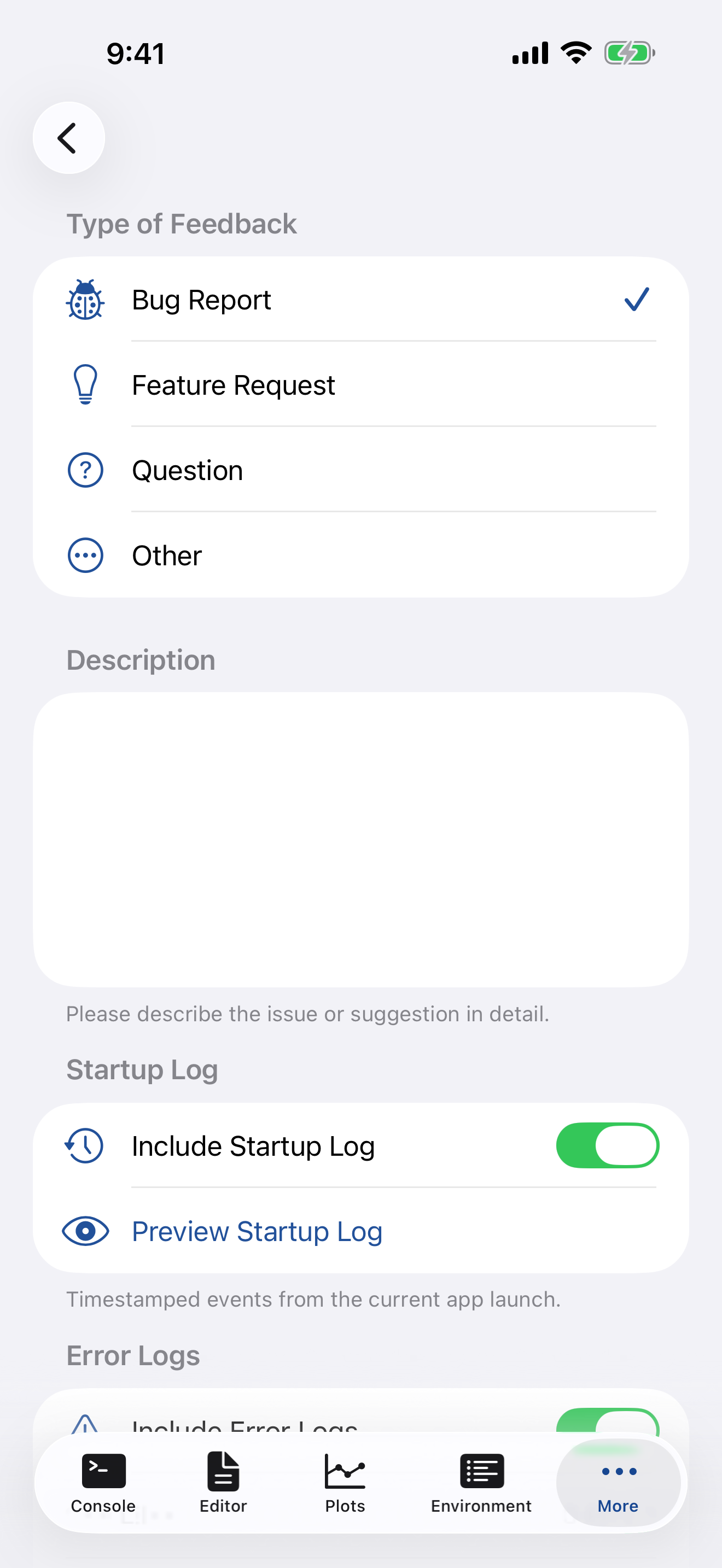 Send Feedback form on iPhone showing feedback type picker and description field